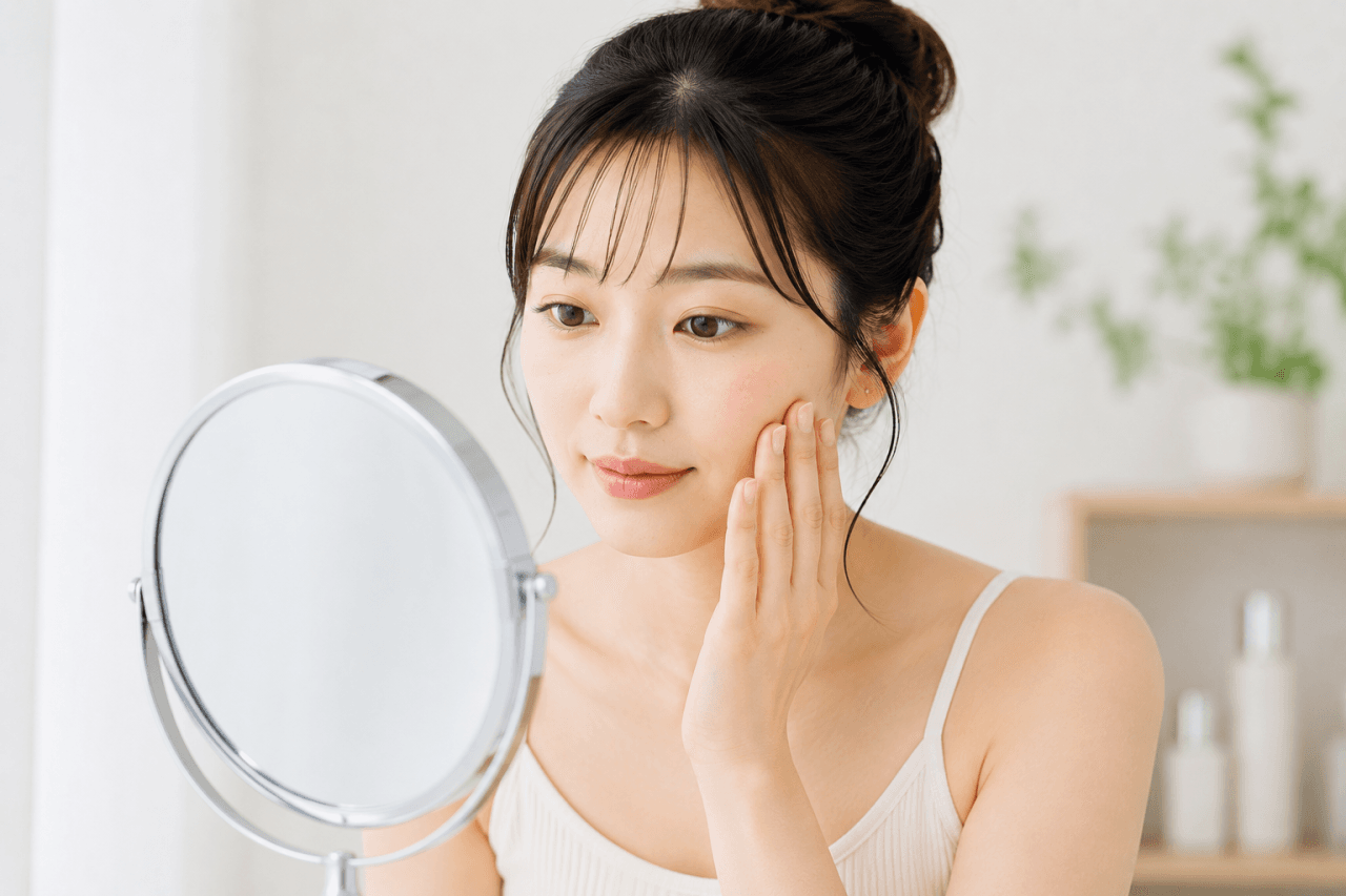 頬に手を当てて鏡をのぞき込む女性のバストアップ。表情は困り顔ではなく、確認している様子