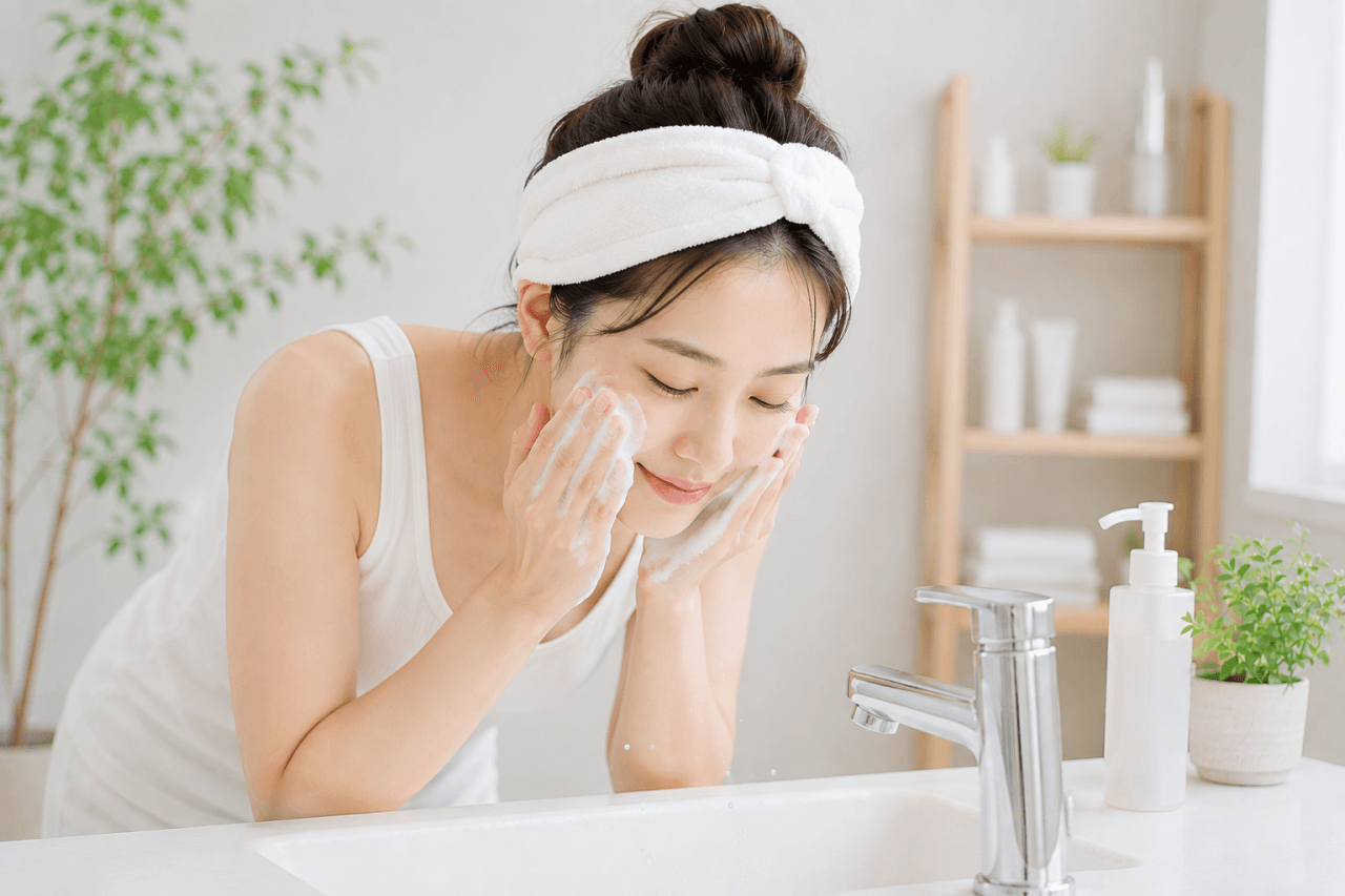 洗顔をしている若い女性