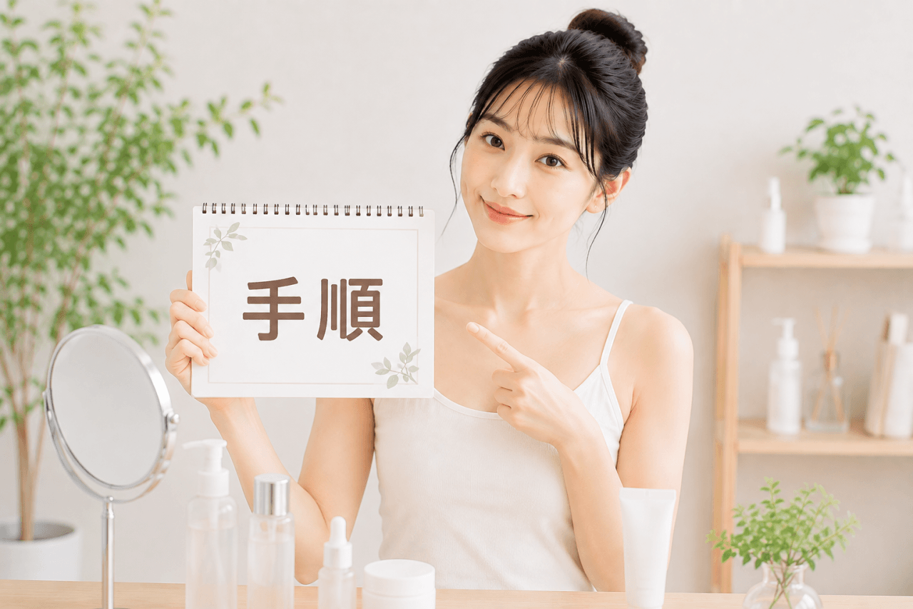 手順というメッセージカードを持っている女性