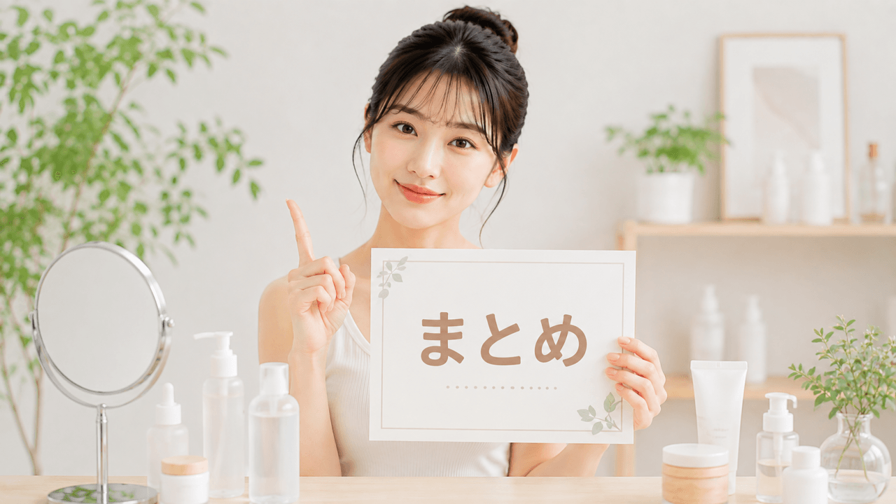 まとめというメッセージカードを持っている女性