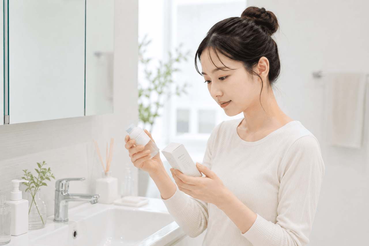 洗面台で洗顔パウダーの容器を手に取り、パッケージの表示を見ている若い女性