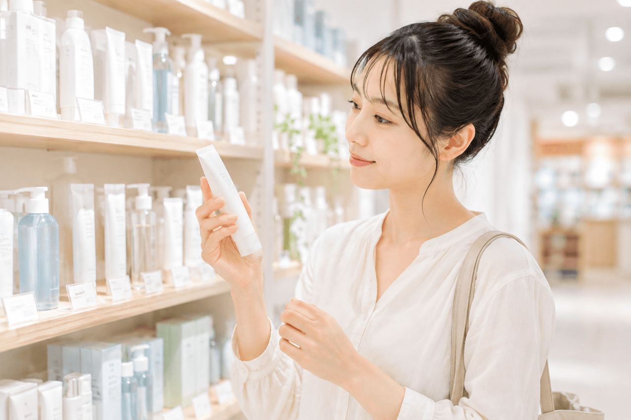 商品棚から洗顔料を選ぶ若い女性