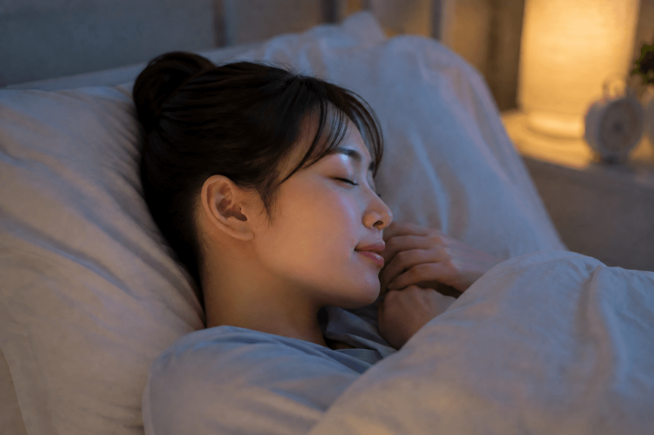 夜にベッドで寝ている若い女性の横顔
